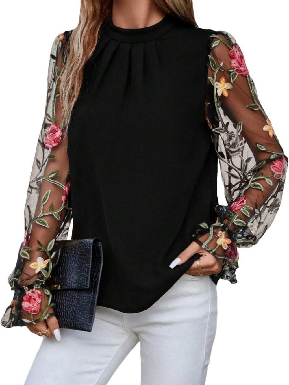Floral Embroidery Mesh Mock Neck Flare Long Sleeve Blouse Top for Women